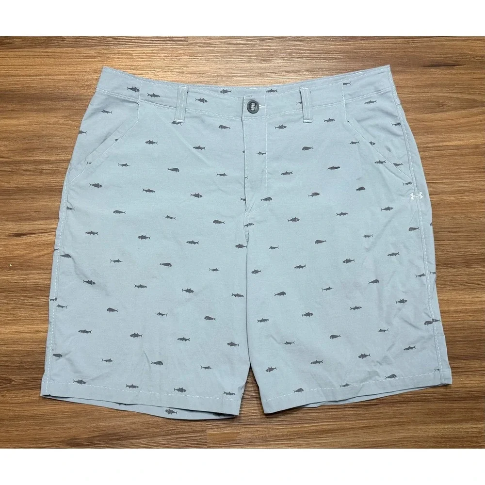 Under Armour HeatGear Mens Fish Hunter AOP Performance Shorts Blue Grey Size 38